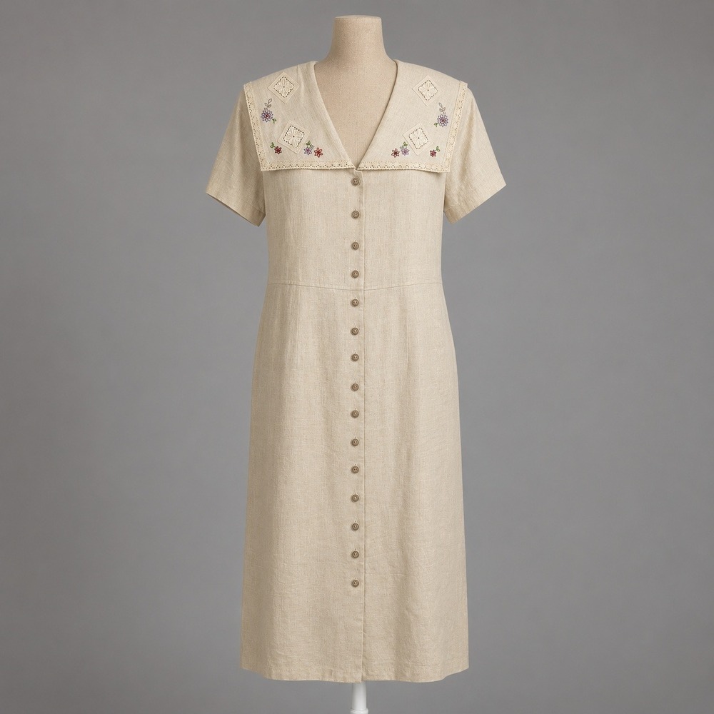 Vintage 90s Floral Embroidered Linen Maxi Dress Size 14 Tan Button Eyelet Lace